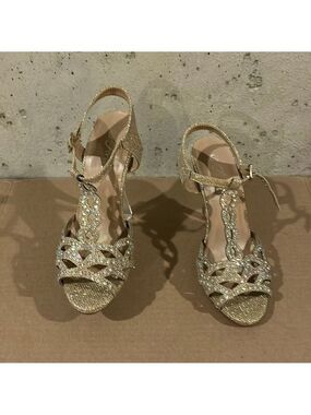 FOREVER GLITTERY GOLD T-STRAP OPEN TOE STILETTO HEELS WITH RHINESTONES S 7.5